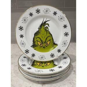 Set of 4 GRINCH FACE & SNOWFLAKES 8” Salad Plates Gold Rim Christmas Ceramic NEW